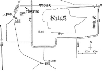 図表2-1-6　大林寺と門屋旅館、松山東署の位置関係