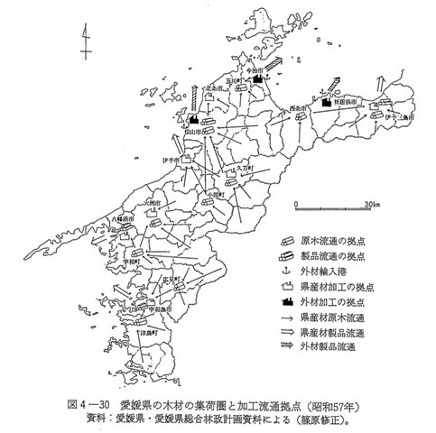 図4-30　愛媛県の木材の集荷圏と加工流通拠点（昭和57年）