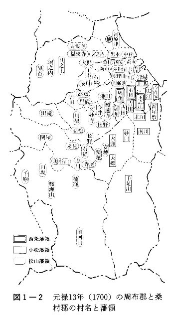 図1-2　元禄13年（1700）の周布郡と桑村郡の村名と藩領