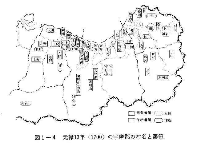 図1-4　元禄13年(1700)の宇摩郡の村名と藩領