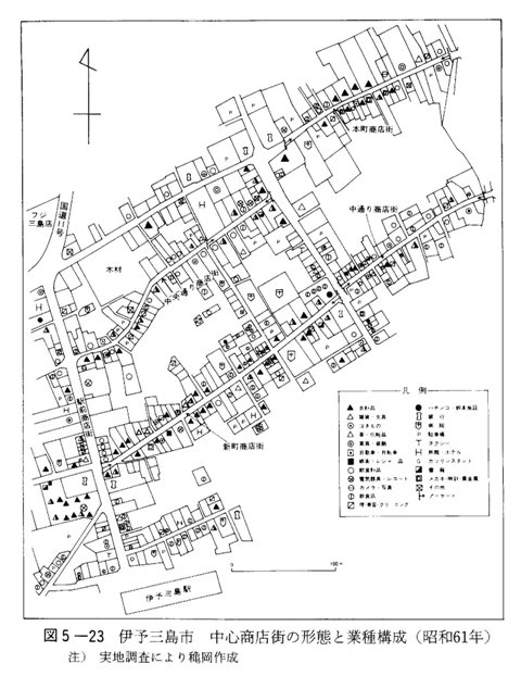 図5-23　伊予三島市　中心商店街の形態と業種構成