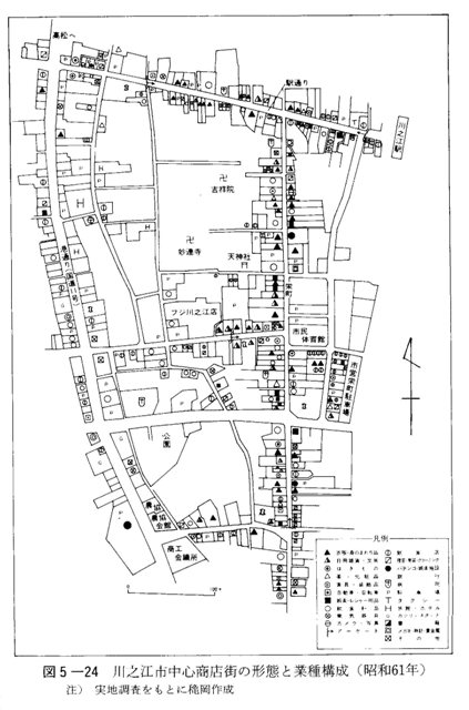 図5-24　川之江市中心商店街の形態と業種構成