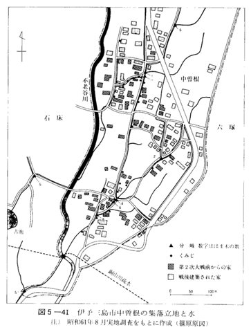 図5-41　伊予三島市中曽根の集落立地と水
