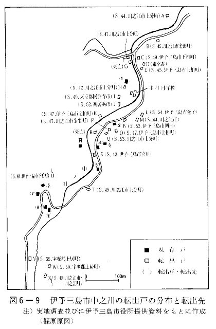 図6-9　伊予三島市中之川の転出戸の分布と転出先
